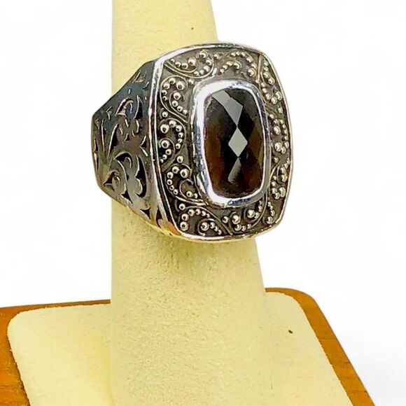 LOIS HILL Sterling Silver Smokey Topaz Granulated Caviar Cut Out Cocktail Ring - Picture 6 of 17